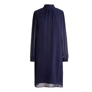 New J Crew Women Navy Mock Neck Long Sleeve Chiffon Shift Dress Size 14